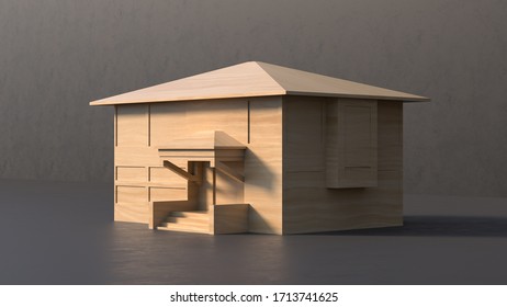Wooden low-poly house with an entrance isolated on black background. 3d render. - Shutterstock ID 1713741625