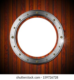 Wooden and Metallic Porthole / Metallic porthole with bolts on a brown wooden wall with empty hole 