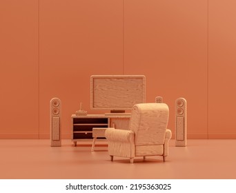 Wooden Miniature Living Room With Tv Sofa In Single Color Interior Room, 3d Rendering, No People