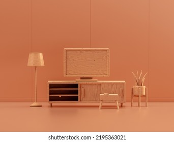 Wooden Miniature TV Room With Tv Sofa In Single Color Interior Room, 3d Rendering, No People