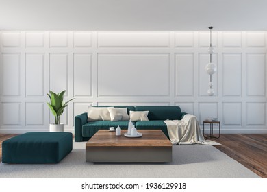 Wooden Minimalist Relax Room With Sofa And Coffee Table With Dishes, Ottoman On Grey Carpet. Parquet Floor, Plant And Lamps, 3D Rendering No People