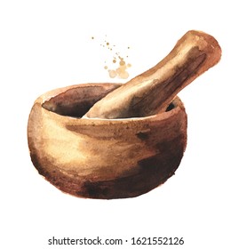 Wooden mortar and pestle. Watercolor hand drawn illustration isolated on white background