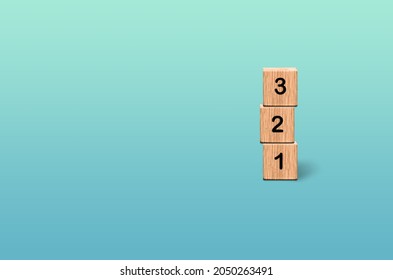 Wooden number blocks 1 2 3 on gradient blue turquoise background, count 123 rule concept 3D illustration 