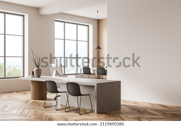 Wooden\
office interior with consulting workplace, pc desktop on table,\
hardwood floor. Meeting room with chairs, panoramic window with\
countryside. Copy space empty wall, 3D\
rendering