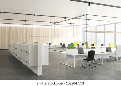 Wooden Office Interior With White Locker Room Cabinets And Tables With Green And Black Chairs Near Them. A Side View. 3d Rendering Mock Up