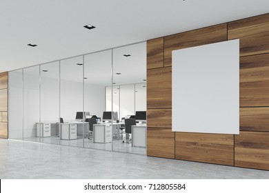 Wooden Office Lobby With A Glass Wall, A Concrete Floor, And A Large Vertical Banner In The Corner. 3d Rendering Mock Up