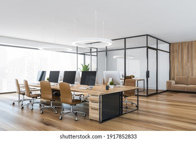 Wooden Office Room With Armchairs And Wooden Table With Computer On Parquet Floor, Side View. Minimalist Consulting Business Room, 3D Rendering No People