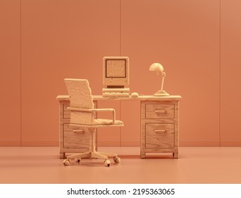 Wooden Office Room With Desk, Retro Computer And Chair In Monochrome Office, 3d Rendering, No People