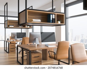 Wooden office room interior with leather armchairs and pc on the table near panoramic windows with Singapore skyscrapers. Open space manager room with shelves, 3D rendering