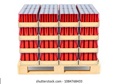 Wooden pallet full of drink metallic cans in shrink film, 3D rendering isolated on white background