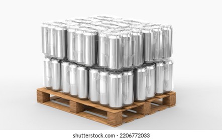 Wooden Pallet Full Of Tin Cans In Plastic Wrap. Stack Of Soda Or Beer Metal Jars In Transparent Shrink Film Isolated On White Background. Packaging For Storage And Delivery Of Drinks. 3D Illustration