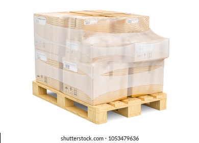 Wooden pallet with parcels wrapped in the stretch film, 3D rendering isolated on white background