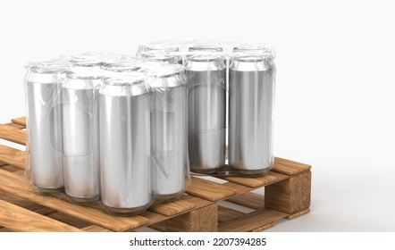 Wooden Pallet With Tin Cans In Plastic Wrap. Packaging Mockup For Storage And Delivery Of Drinks. Metal Jars With Soda Or Beer In Transparent Shrink Film In Factory Or Shop Warehouse. 3D Illustration