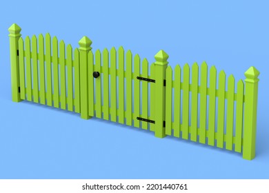 Wooden Picket Fence On Blue Background That Separates The Objects. 3d Render Concept Of Security Or Separation On Backyard