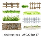 Wooden picket fence, stone wall, green grass element painted set. Vintage style illustration set of different fences for garden, farm paddock, house terrace, backyard and ranch. White background