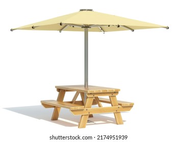 Wooden Picnic Table With Benches And Sun Shade Umbrella, One Piece Wood Furniture For Outdoor Dining Isolated On White Background 3d Rendering