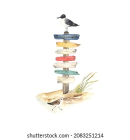 Wooden pillar with colored pointers for your text, birds seagull and sandpiper, watercolor marine illustration isolated on white background, summer travel symbol.