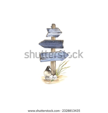 Wooden pillar with pointers arrows blue color in sea style with bird, watercolor isolated illustration for your design, symbol nature and ecology, wildlife print.
