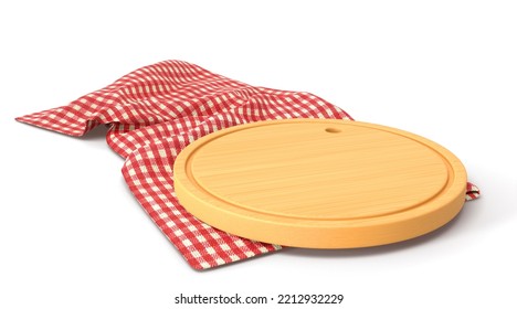 Wooden Pizza Or Cutting Board On Red Plaid Towel, 3D Render. Round Wood Tray On Checkered Tablecloth With Folds, Natural Kitchen Plank For Cut Food Isolated On White Background. 3D Illustration