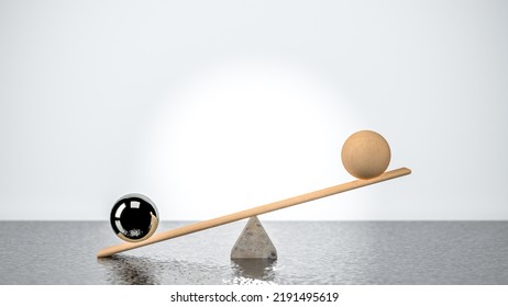 Wooden Plank In An Unbalanced Position And Tilted Towards The Iron Ball And The Other Side Of The Wooden Ball, 3d Illustration Of The Concept Of Balance And Justice