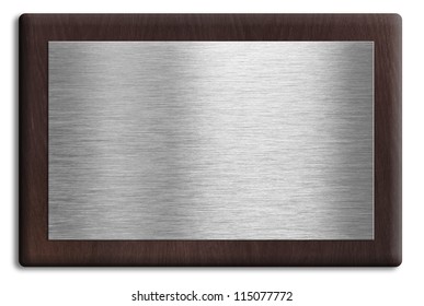 Wooden plaque with silver plate isolated on white. Clipping path is included.