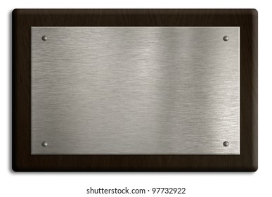 Wooden plaque with silver plate isolated on white. Clipping path is included.