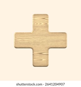 Wooden plus sign with a natural wood texture. The plus sign features smooth edges and a realistic wood grain pattern. Ideal for design, decor, or educational use. Creative font for text.