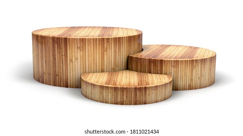 Wooden Podium In Cylinder Shape For Winner And Product Display. 3d Illustration.	