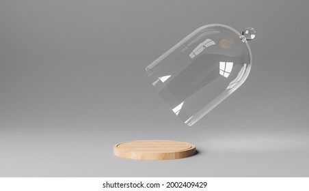 Wooden Podium With Glass Dome Floating On Top For Food Or Cosmetics Product Display. 3d Render