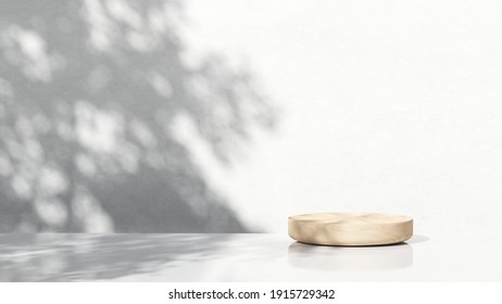 Wooden Podium for packaging presentation and cosmetics, a shadow on the wall.  Product display with white concrete texture, Natural beauty pedestal in sunlight. realistic rendering. 3d illustration