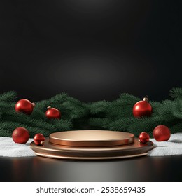 A wooden podium or platform with Christmas ornaments and pine branches on a dark background, creating a minimalist and elegant holiday display 3d rendering stand or podium - Powered by Shutterstock