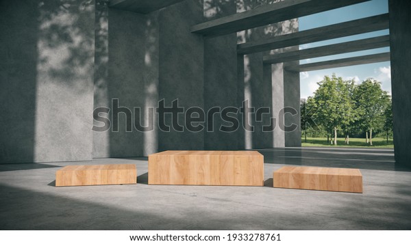 wooden podium for products\
show in concrete hallway with park background.3D\
rendering.\

