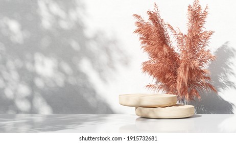 Wooden Podium With Tree Leaves For Product Promotion And Cosmetics Display, Sunshade On The Scene, Natural Beauty Pedestal Modern And Minimal Copy Space Banner. Realistic Rendering. 3d Illustration.