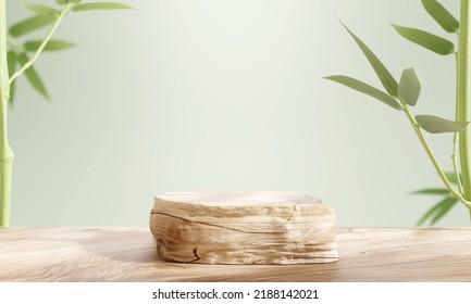 Wooden Product Display Podium With Bamboo Nature Leaves On Green Background. 3D Rendering