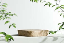 Wooden Product Display Podium With Blurred Nature Leaves Background. 3D Rendering