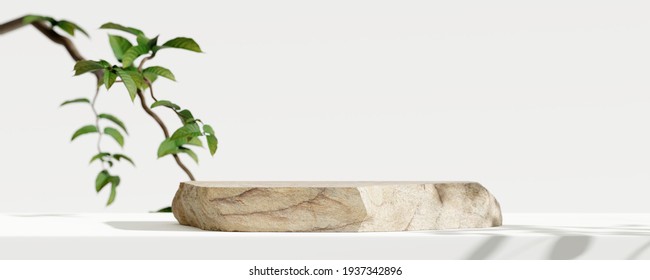 Wooden product display podium with blurred nature leaves background. 3D rendering	
