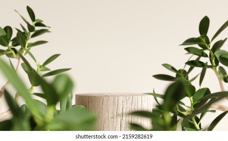 Wooden Product Display Podium With Blurred Nature Leaves On Brown Background. 3D Rendering