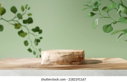 Wooden Product Display Podium With Blurred Nature Leaves On Green Background. 3D Rendering