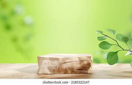 Wooden Product Display Podium With Blurred Nature Leaves On Green Background. 3D Rendering	