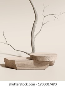 Wooden product display podium with nature dry tree background. 3D rendering