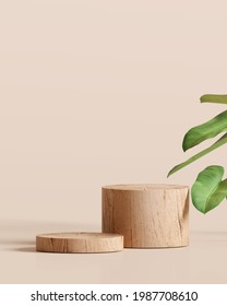 Wooden Product Display Podium With Nature Leaves On Brown Background. 3D Rendering	
