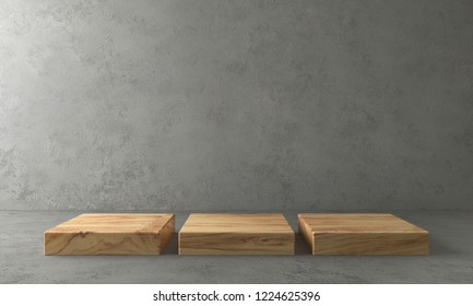 Wooden product stand on concrete background. 3D Rendering