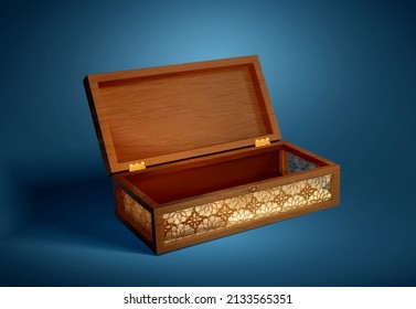 Wooden Quran Box Made Of Timber And Glass With Its Lid Opened In 3d Illustration Isolated Blue Background. A Case In Islam Culture For Holy Book Storage