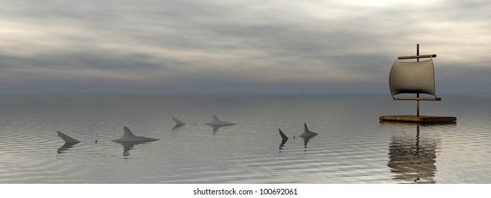 Wooden raft in the middle of the ocean and next to sharks by cloudy weather