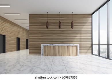 Wooden Reception Counter Is Standing In An Office Lobby With Marble Floor And Wooden Walls. 3d Rendering.