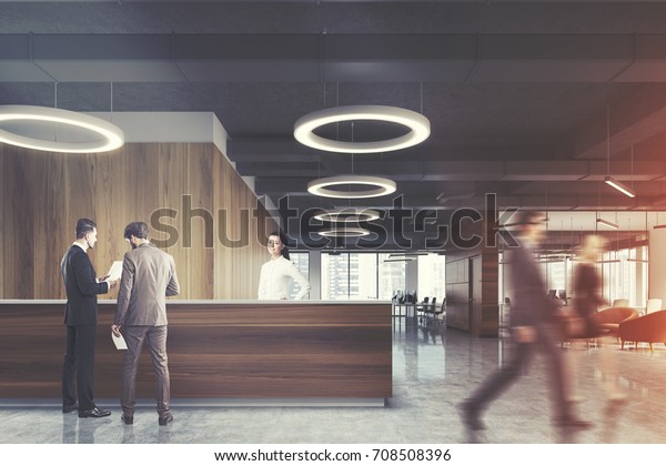 Wooden Reception Desk Standing Modern Office