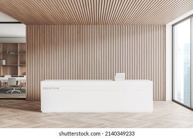 Wooden Reception Room Interior With Desk And Pc Computer, Conference Room On Background. Entrance Hall And Panoramic Window With City View, Hardwood Floor. Copy Space Wall. 3D Rendering