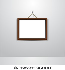 Wooden Rectangular 3d Photo Frame On Metal Nail With Shadow On Wall For Diploma Or Picture. Illustration