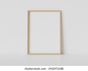 Wooden Rectangular Frame Leaning On White Floor In Interior Mockup. Template Of A Picture Framed On A Wall 3D Rendering