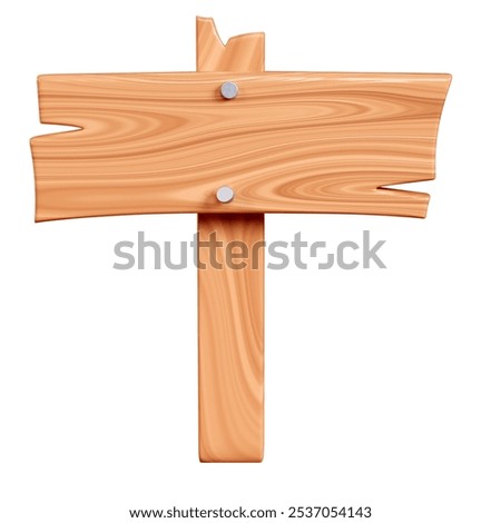 Wooden rectangular plaque with cracks and nails on pole for text box. Cartoon 3d render illustration rectangle signboard with brown wood texture. Vintage rustic timber plank, board. 3D Illustration